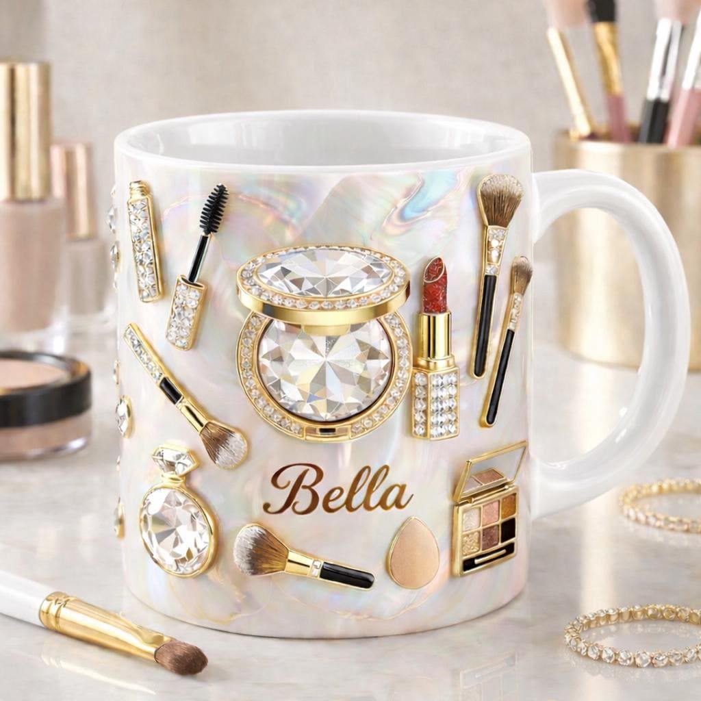 Personalized Makeup Mug, Custom Name Beauty Coffee Mug, Glam Makeup Cup, Beauty Lover Gift, Cosmetic Themed Mug