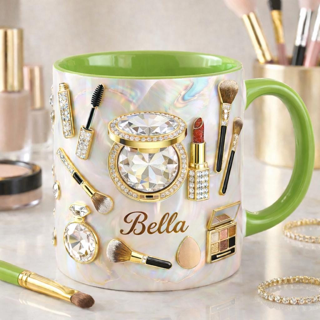 Personalized Makeup Mug, Custom Name Beauty Coffee Mug, Glam Makeup Cup, Beauty Lover Gift, Cosmetic Themed Mug