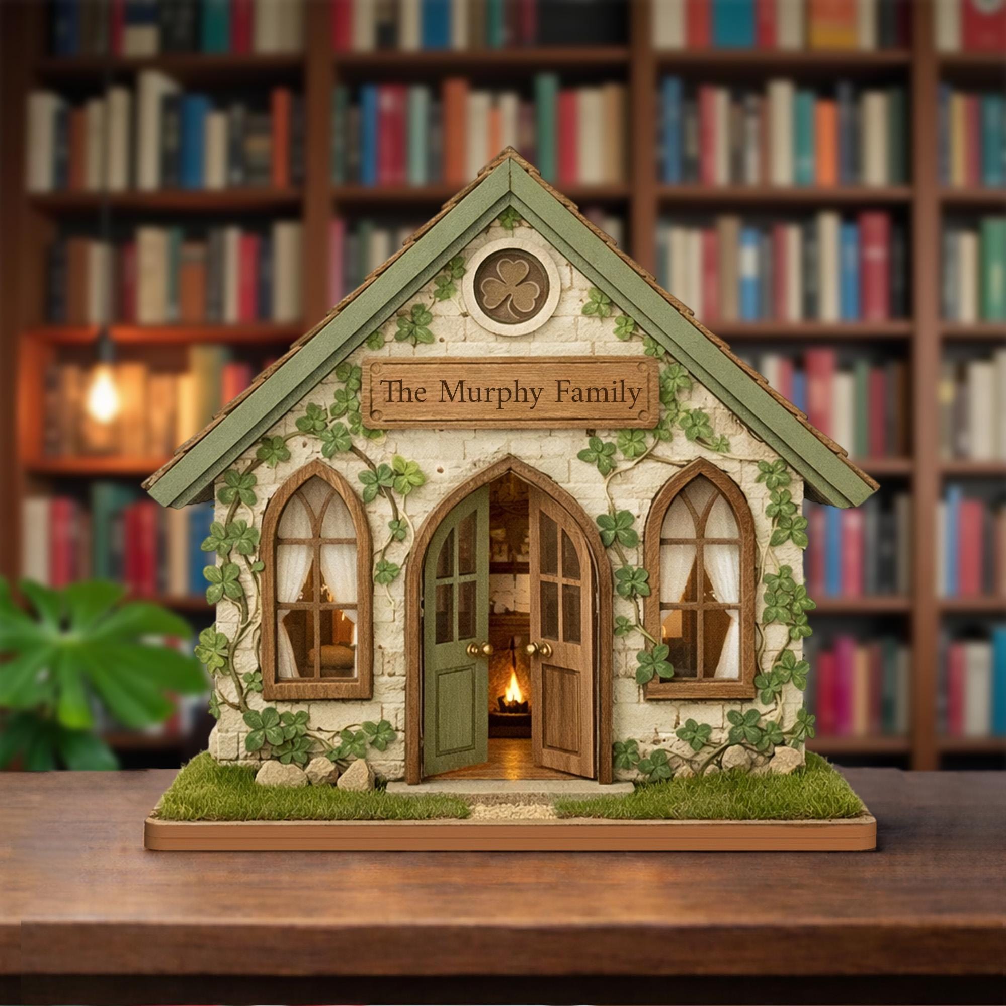 Personalized Irish Cottage Wooden Block, Custom Family Name Decor, Green Shamrock Shelf Sign