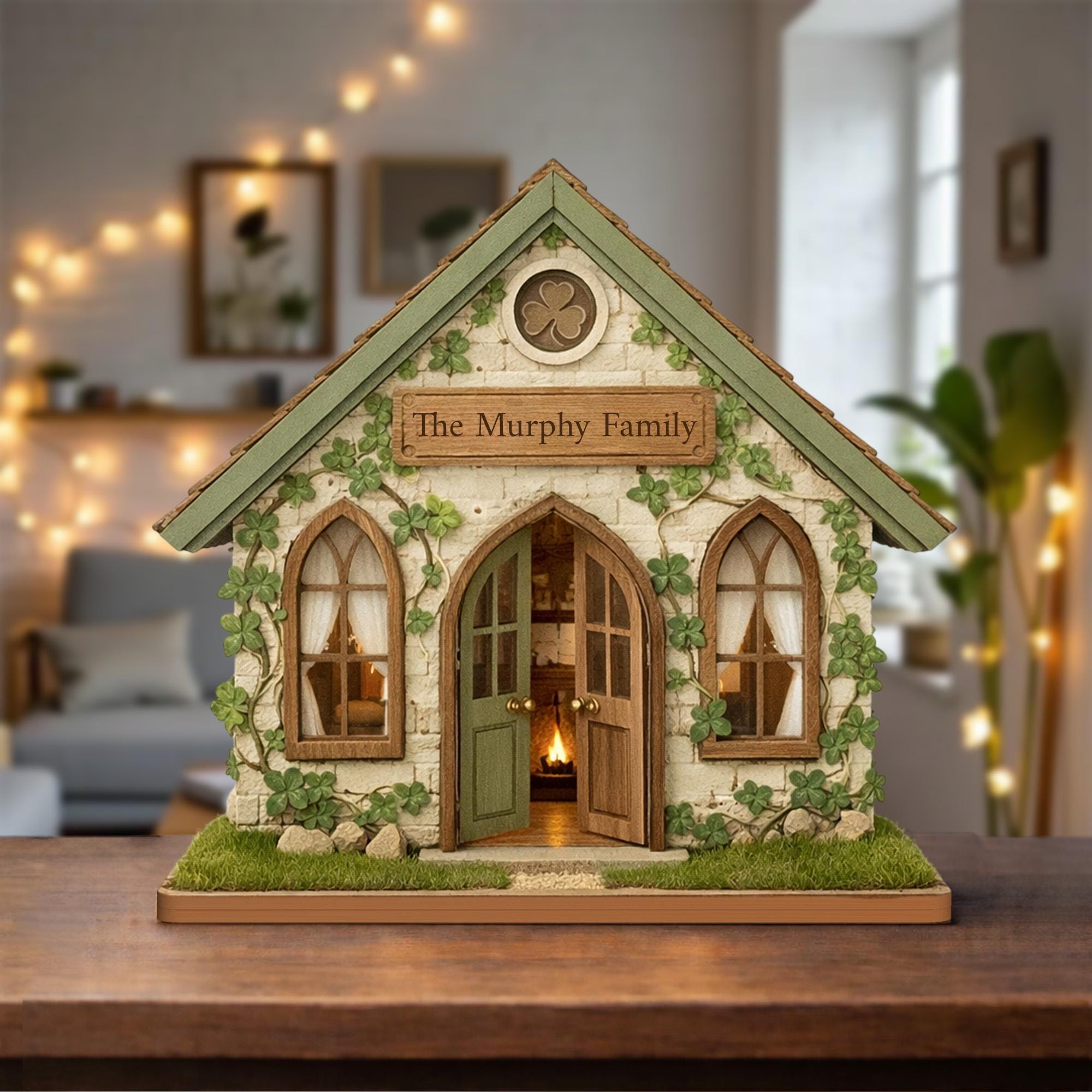 Personalized Irish Cottage Wooden Block, Custom Family Name Decor, Green Shamrock Shelf Sign