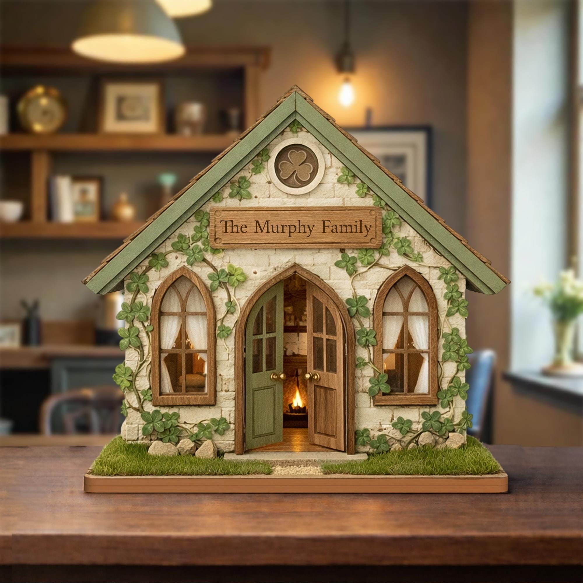 Personalized Irish Cottage Wooden Block, Custom Family Name Decor, Green Shamrock Shelf Sign