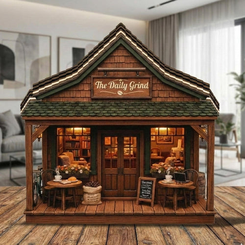 Coffee Shop Wooden Block Decor Daily Grind Cafe Cabin Storefront, Cozy Rustic Shelf Sign, Barista Gift, Farmhouse Living Room Kitchen Accent