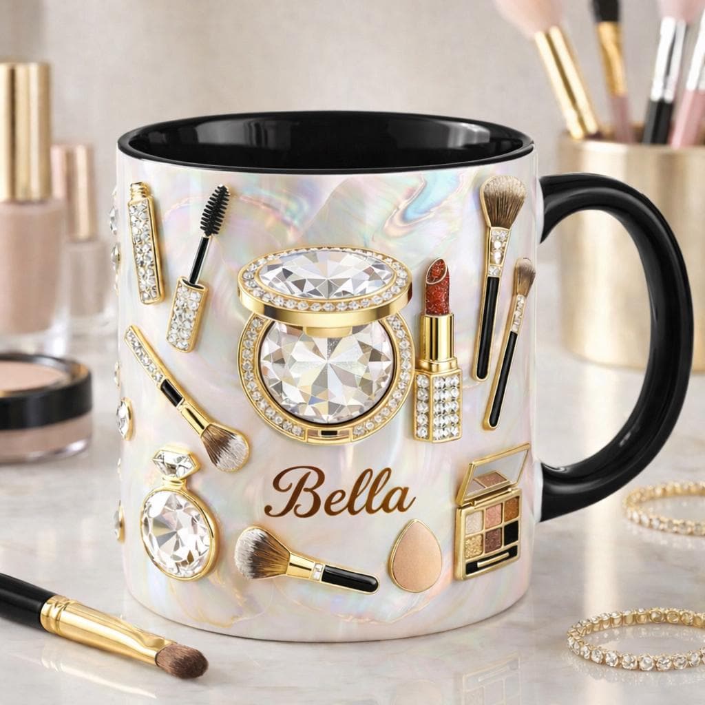 Personalized Makeup Mug, Custom Name Beauty Coffee Mug, Glam Makeup Cup, Beauty Lover Gift, Cosmetic Themed Mug