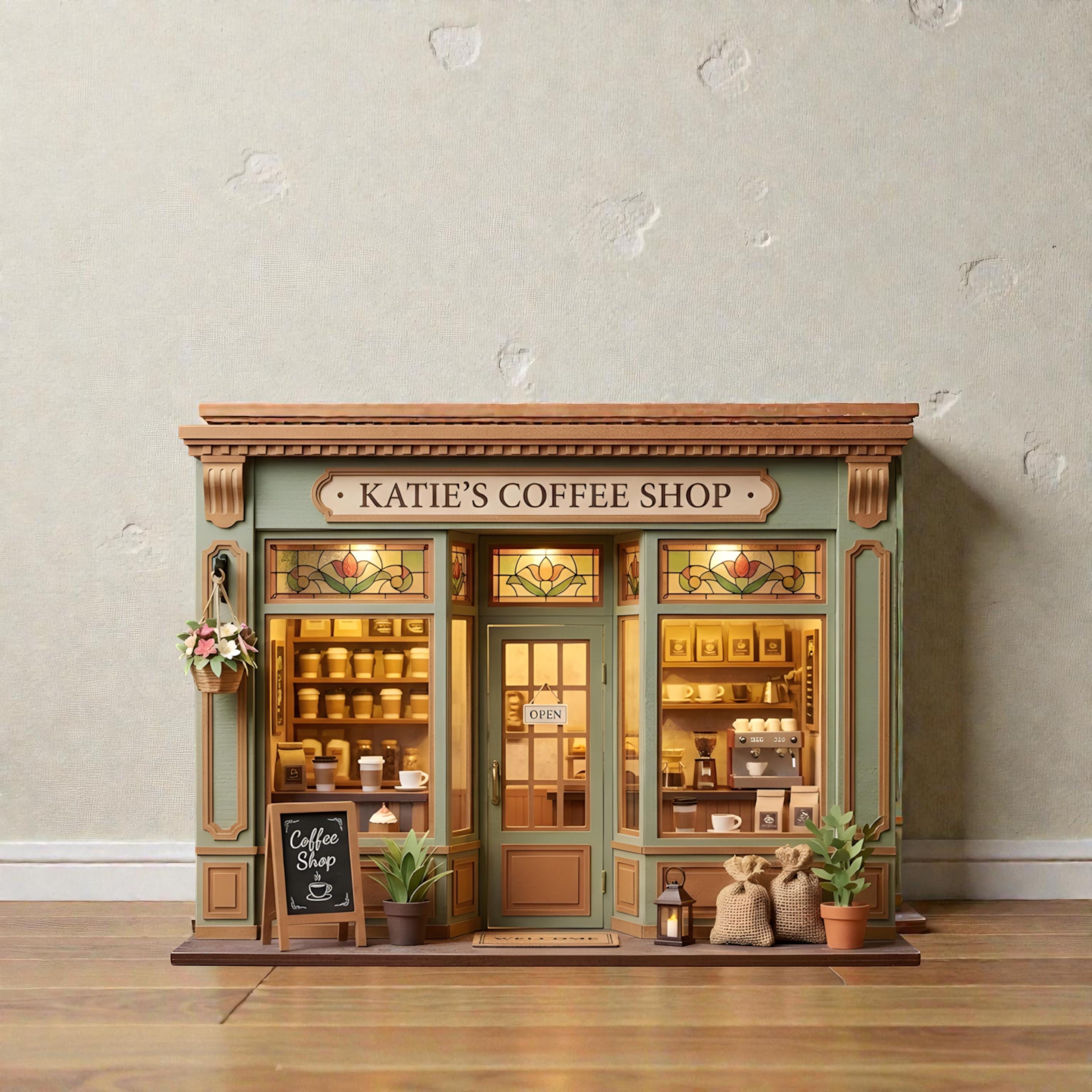 Personalized Coffee Shop Wooden Block, Custom Shopfront Wooden Decor, Mini Coffee Shop Sign, Cottagecore Kitchen Shelf Decor