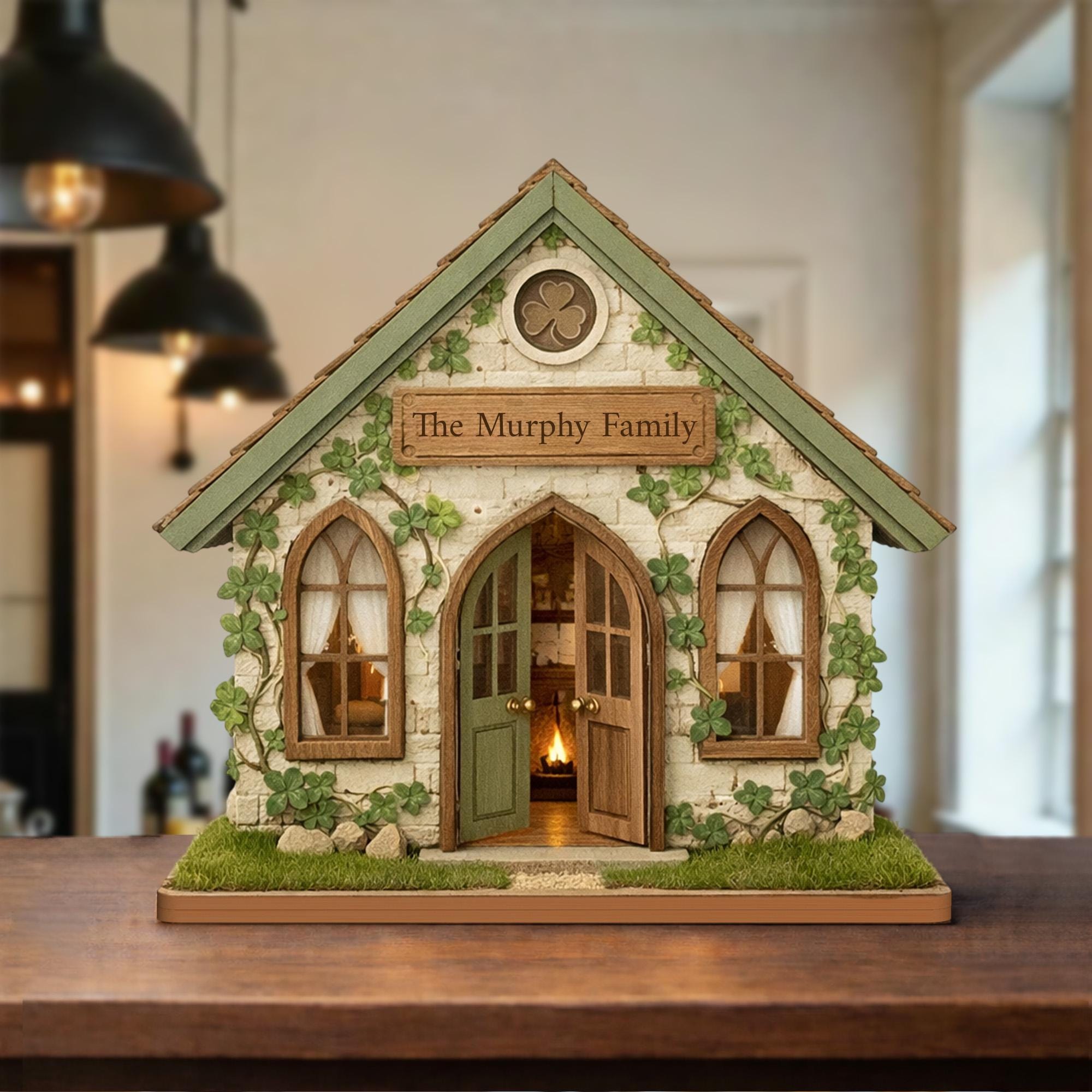 Personalized Irish Cottage Wooden Block, Custom Family Name Decor, Green Shamrock Shelf Sign