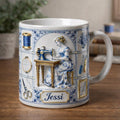 Personalized Sewing Mug, Custom Name Seamstress Coffee Cup, Quilter Gift, Vintage Sewing Machine Mug for Crafter