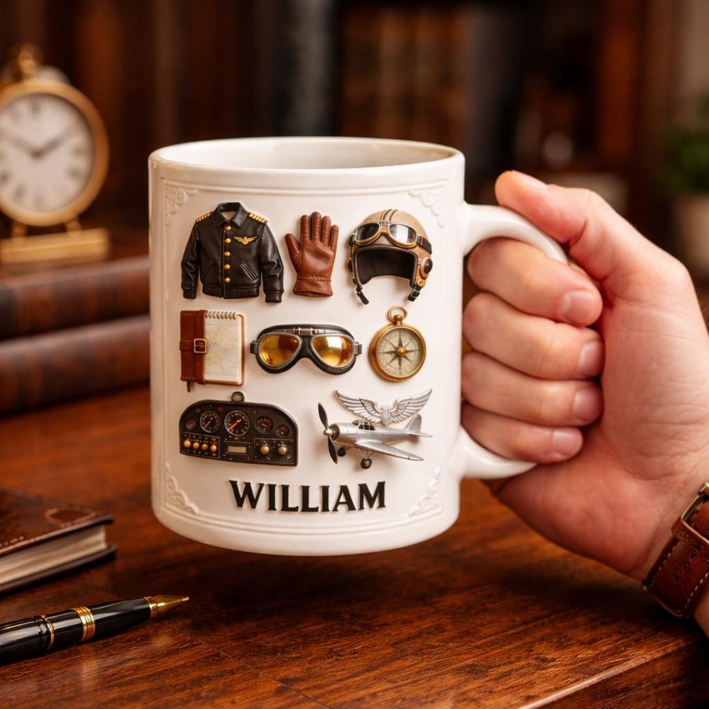 Personalized Pilot Mug, Custom Aviator Name Coffee Cup, Vintage Airplane Gift for Him