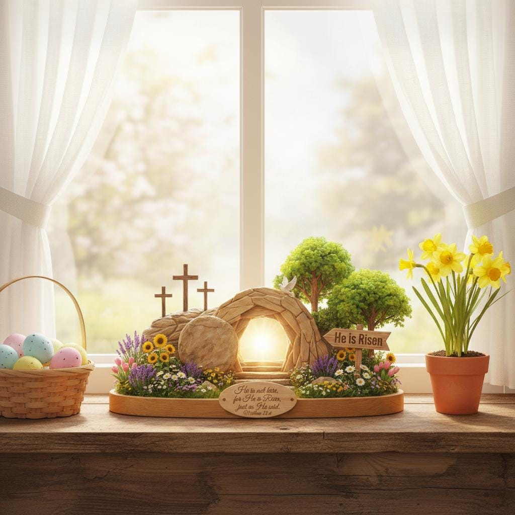 2D Flat He Is Risen Wooden Block Easter Scene, Empty Tomb Decor with Scripture, Christian Resurrection Table Display, Matthew 28:6 Sign