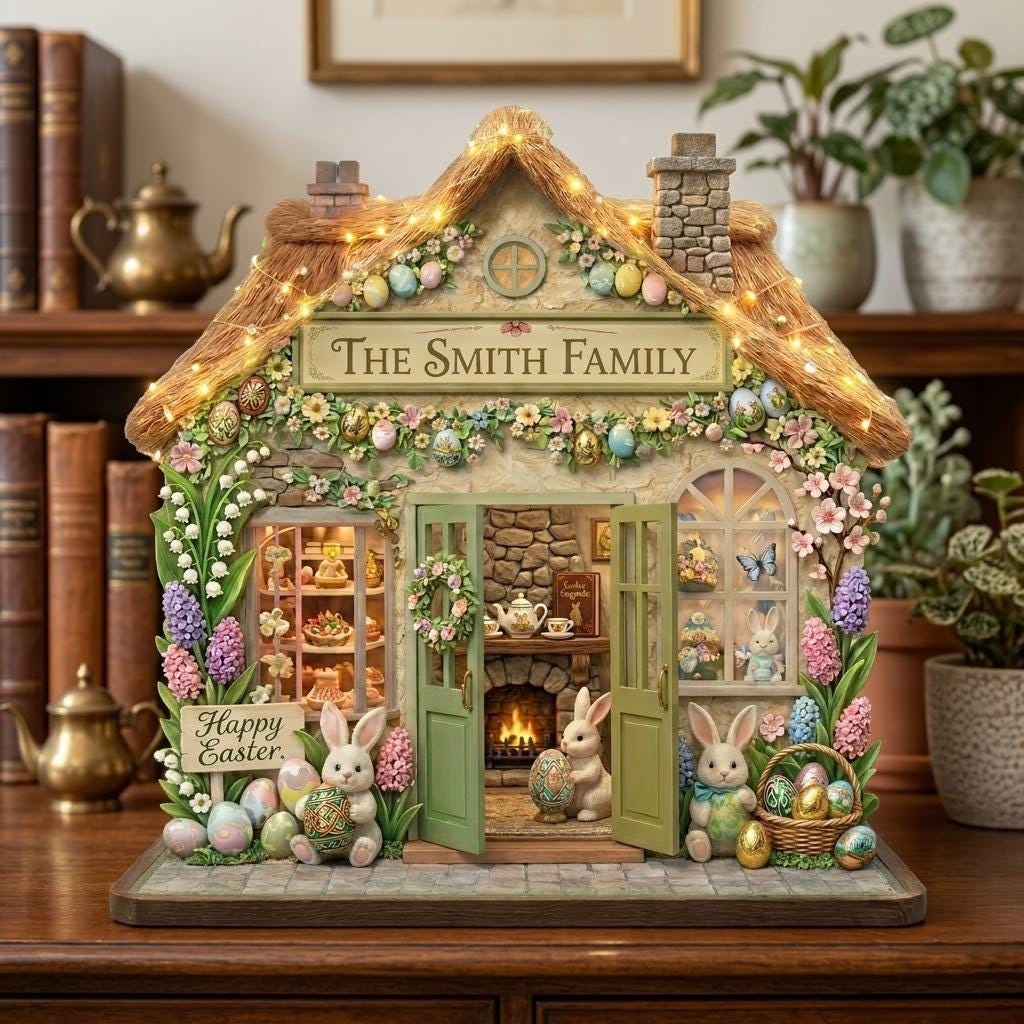 Personalized Easter Cottage Wooden Sign, Custom Family Name Home Decor, Bunny Easter Sign, Wooden Block Decoration, Rustic Easter Day Block