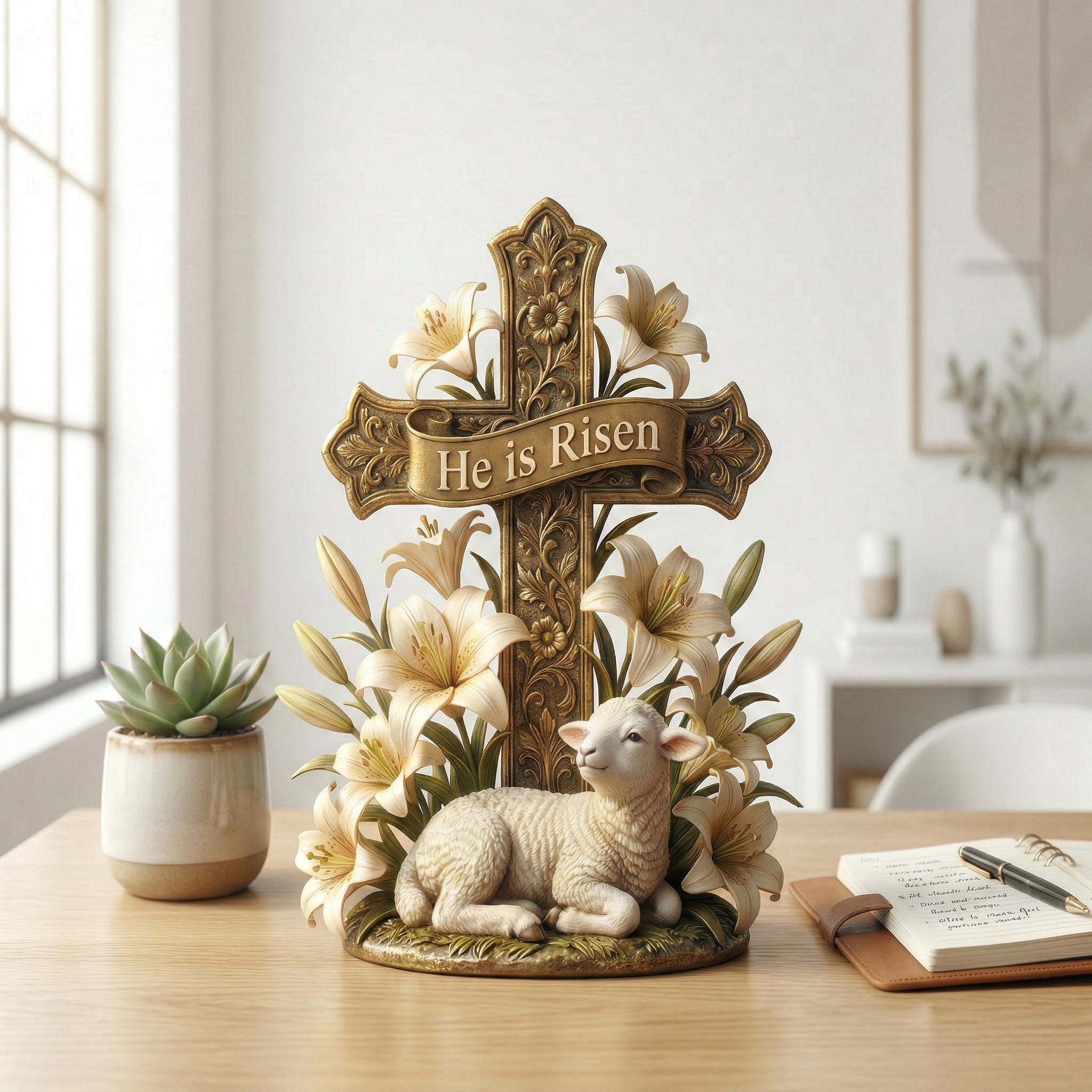 He Is Risen Easter Cross Statue with Lamb & Lily flat 2D Wooden Block, Resurrection Scene Christian Figurine, Easter Home Decor,Pastor Gift.