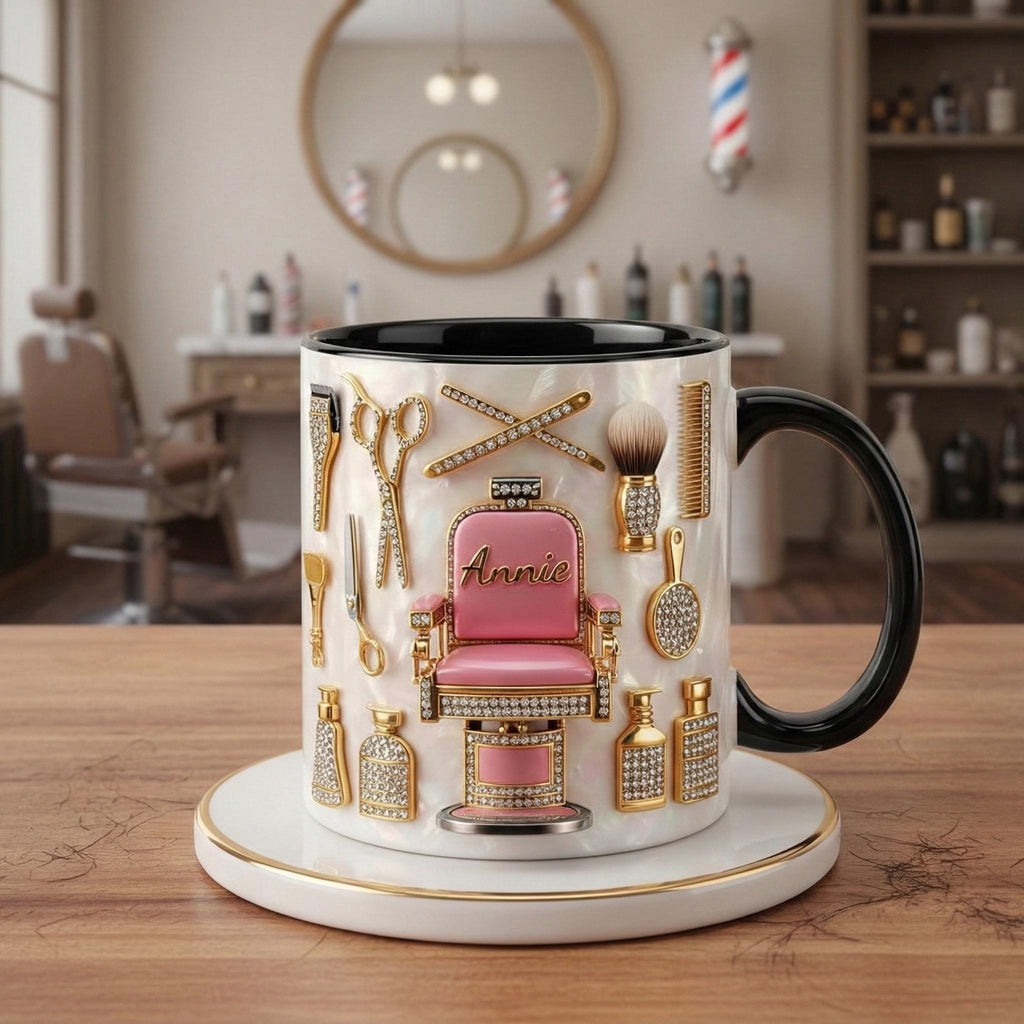 Custom Name Hairstylist Mug 3D, Faux 3D Barber Chair Accent Drinkware
