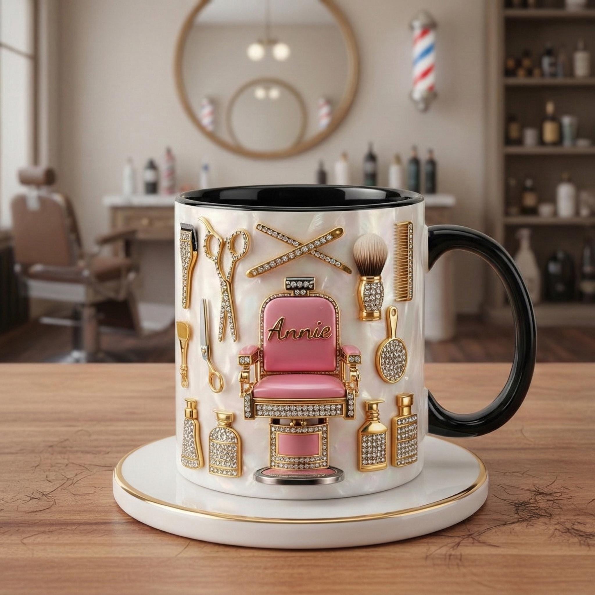 Custom Name Hairstylist Mug 3D, Faux 3D Barber Chair Accent Drinkware