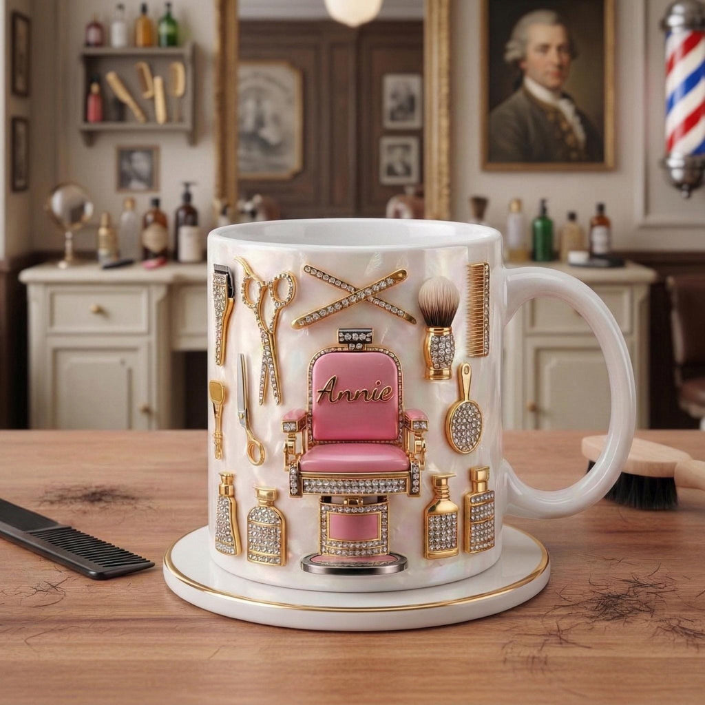 Custom Name Hairstylist Mug 3D, Faux 3D Barber Chair Accent Drinkware