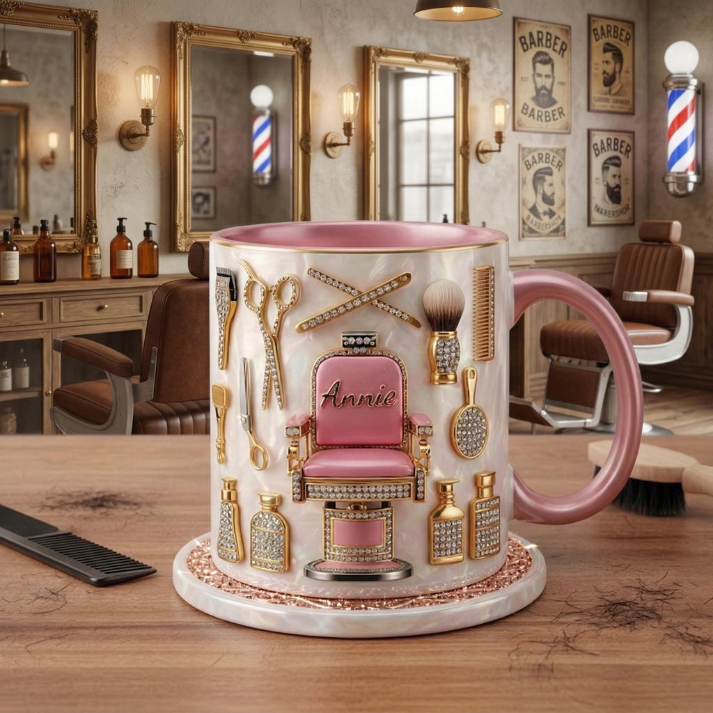 Custom Name Hairstylist Mug 3D, Faux 3D Barber Chair Accent Drinkware