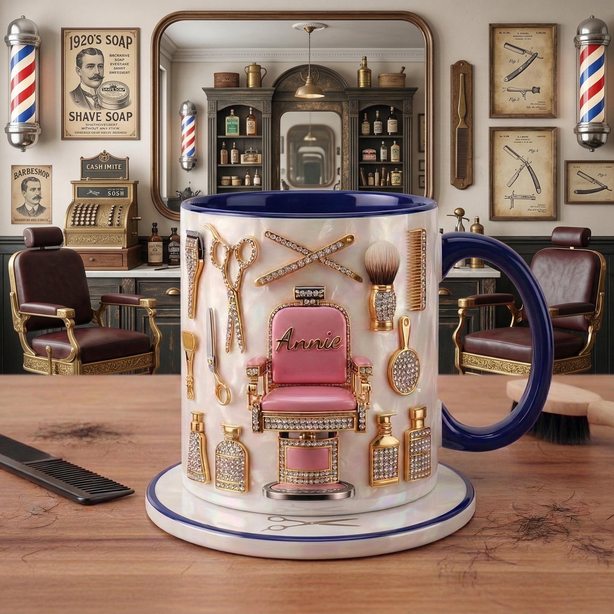 Custom Name Hairstylist Mug 3D, Faux 3D Barber Chair Accent Drinkware