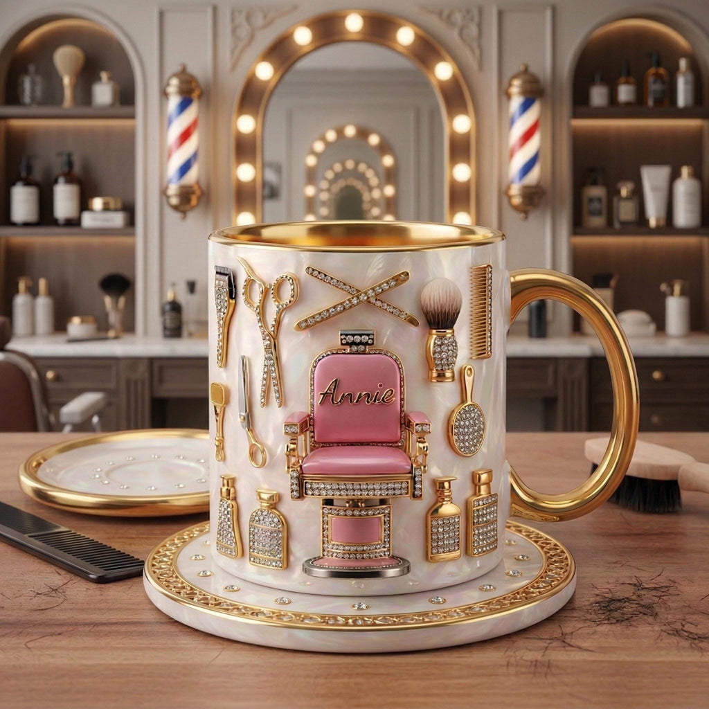 Custom Name Hairstylist Mug 3D, Faux 3D Barber Chair Accent Drinkware