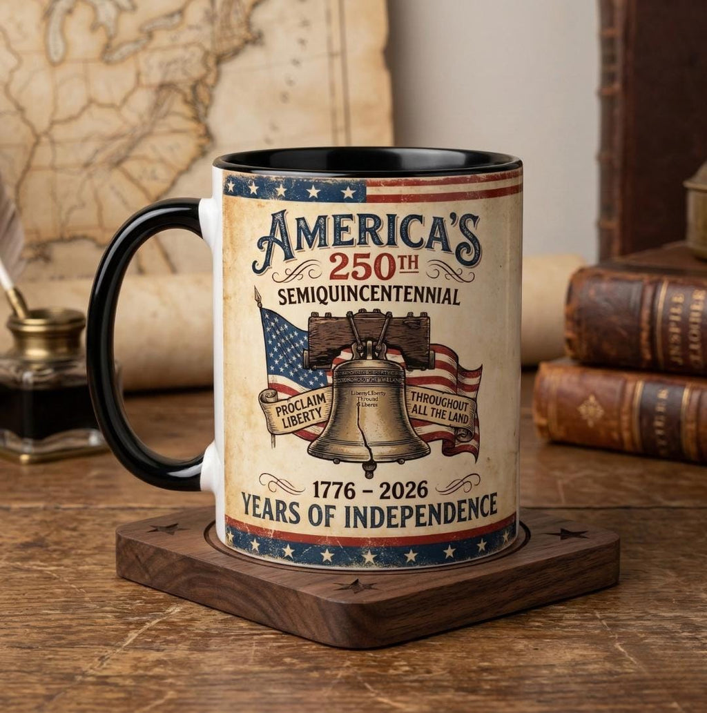 America's 250th Anniversary Accent Mug, Semiquincentennial 1776-2026 Coffee Cup, Patriotic Liberty Bell Ceramic Mug, Independence Day Gift