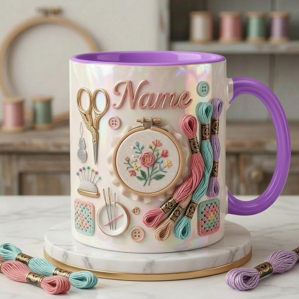 Embroidery Themed Coffee Mug, Custom Name Craft Gift, 3D Embroidery Design