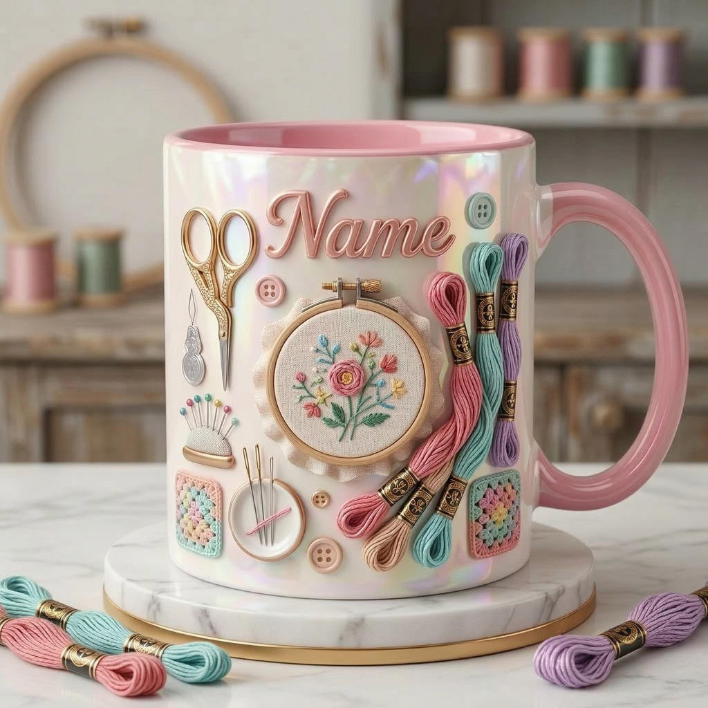 Embroidery Themed Coffee Mug, Custom Name Craft Gift, 3D Embroidery Design