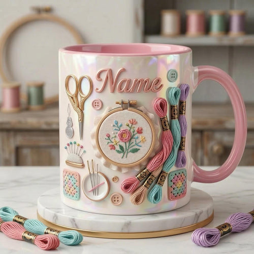 Embroidery Themed Coffee Mug, Custom Name Craft Gift, 3D Embroidery Design