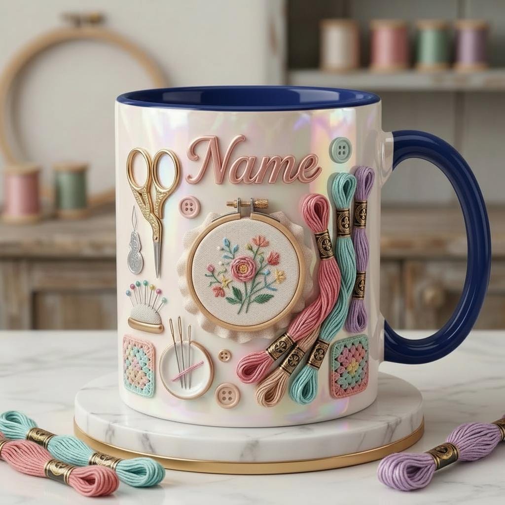 Embroidery Themed Coffee Mug, Custom Name Craft Gift, 3D Embroidery Design