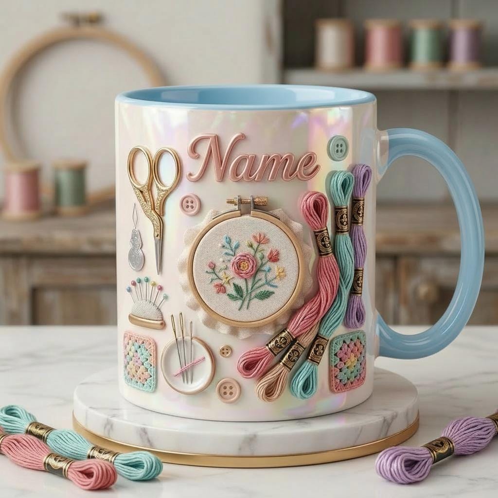 Embroidery Themed Coffee Mug, Custom Name Craft Gift, 3D Embroidery Design