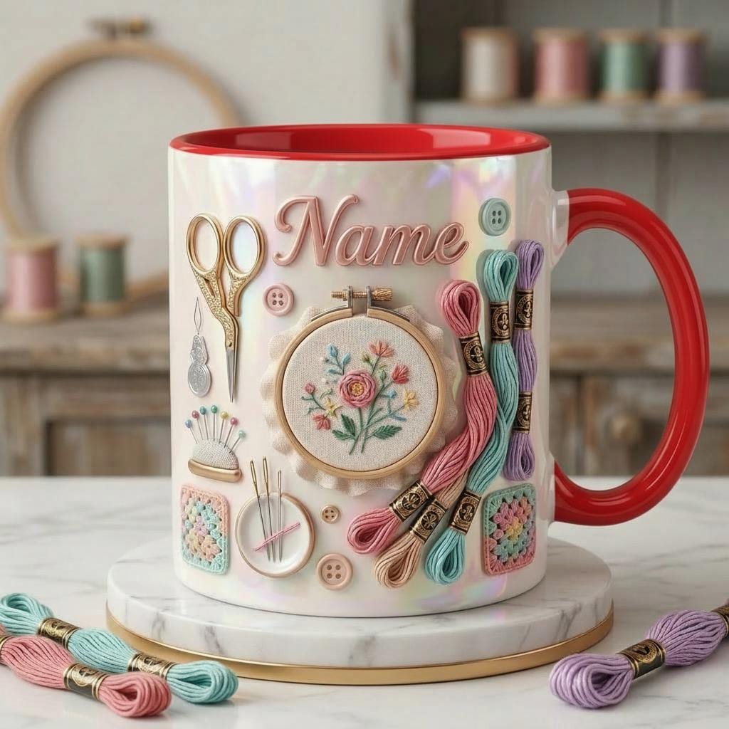 Embroidery Themed Coffee Mug, Custom Name Craft Gift, 3D Embroidery Design