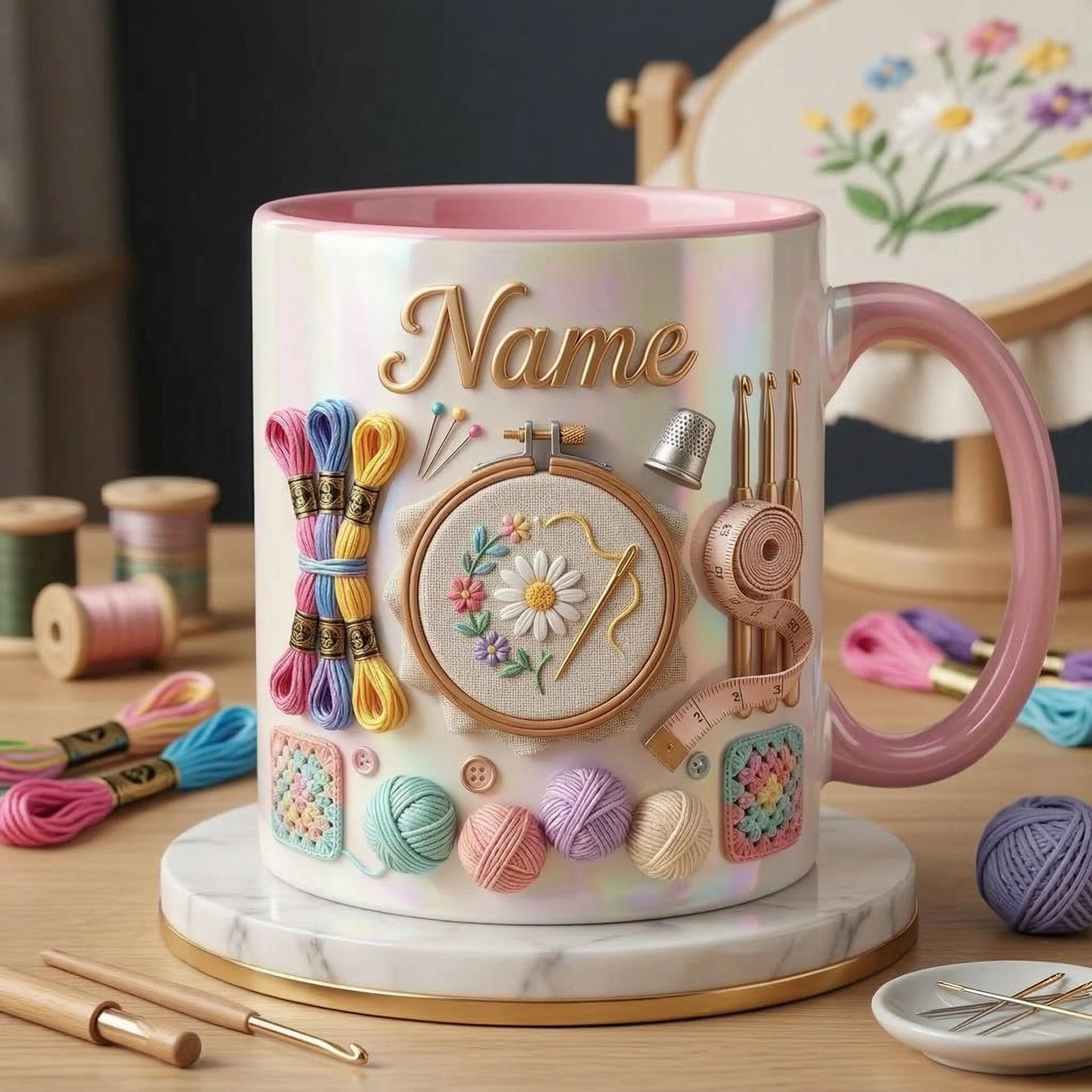 Embroidery Accent Mug, Craft Lover Coffee Cup, Personalized Stitch Gift
