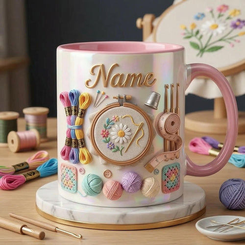 Embroidery Accent Mug, Craft Lover Coffee Cup, Personalized Stitch Gift