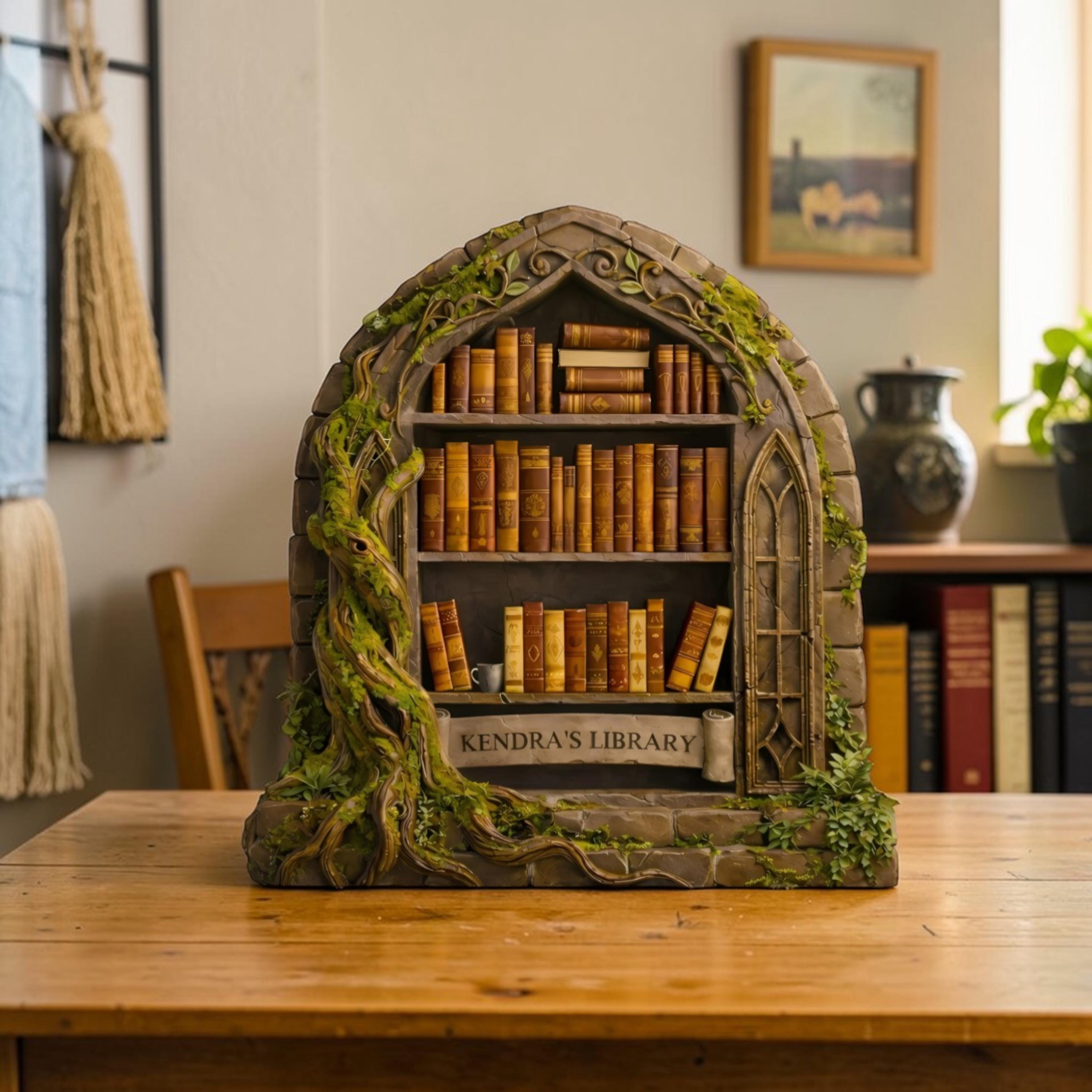 Personalized Fantasy Library Wooden Block, Enchanted Bookshelf Decor, Miniature Stone Arch Library Display, Custom Book Lover Gift