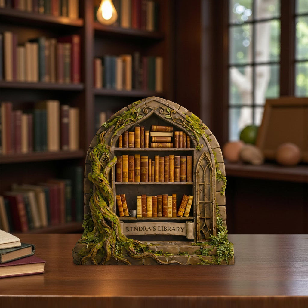 Personalized Fantasy Library Wooden Block, Enchanted Bookshelf Decor, Miniature Stone Arch Library Display, Custom Book Lover Gift