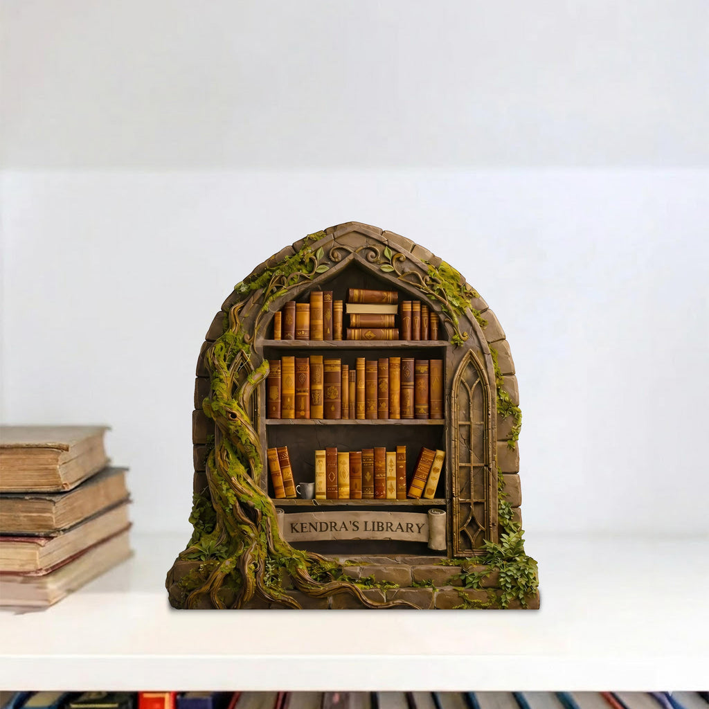 Personalized Fantasy Library Wooden Block, Enchanted Bookshelf Decor, Miniature Stone Arch Library Display, Custom Book Lover Gift