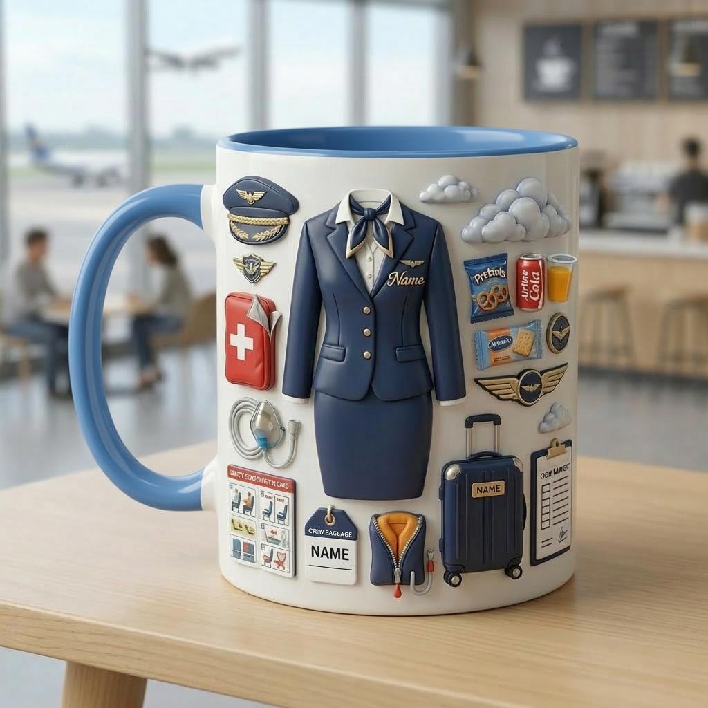 Flight Attendant 3D Mug, Cabin Crew Coffee Cup, Custom Name Airline Gift