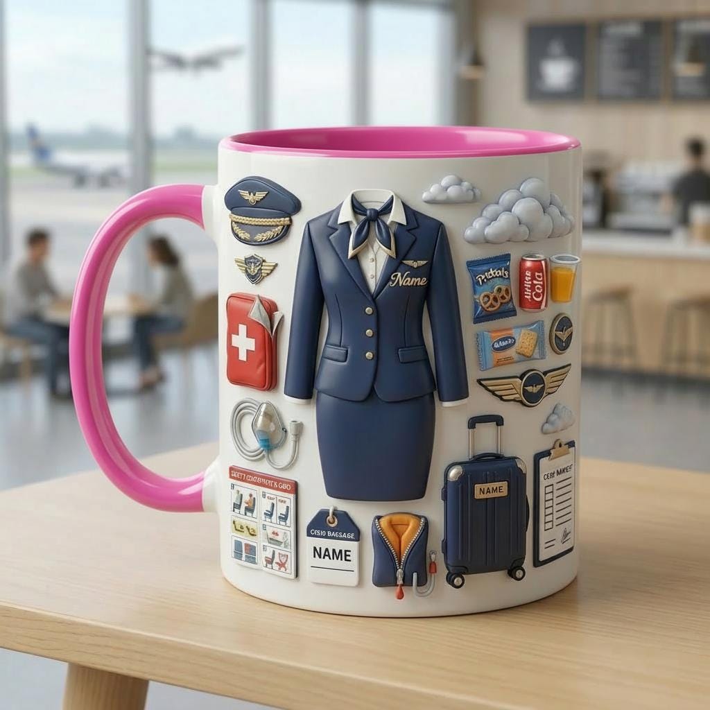 Flight Attendant 3D Mug, Cabin Crew Coffee Cup, Custom Name Airline Gift