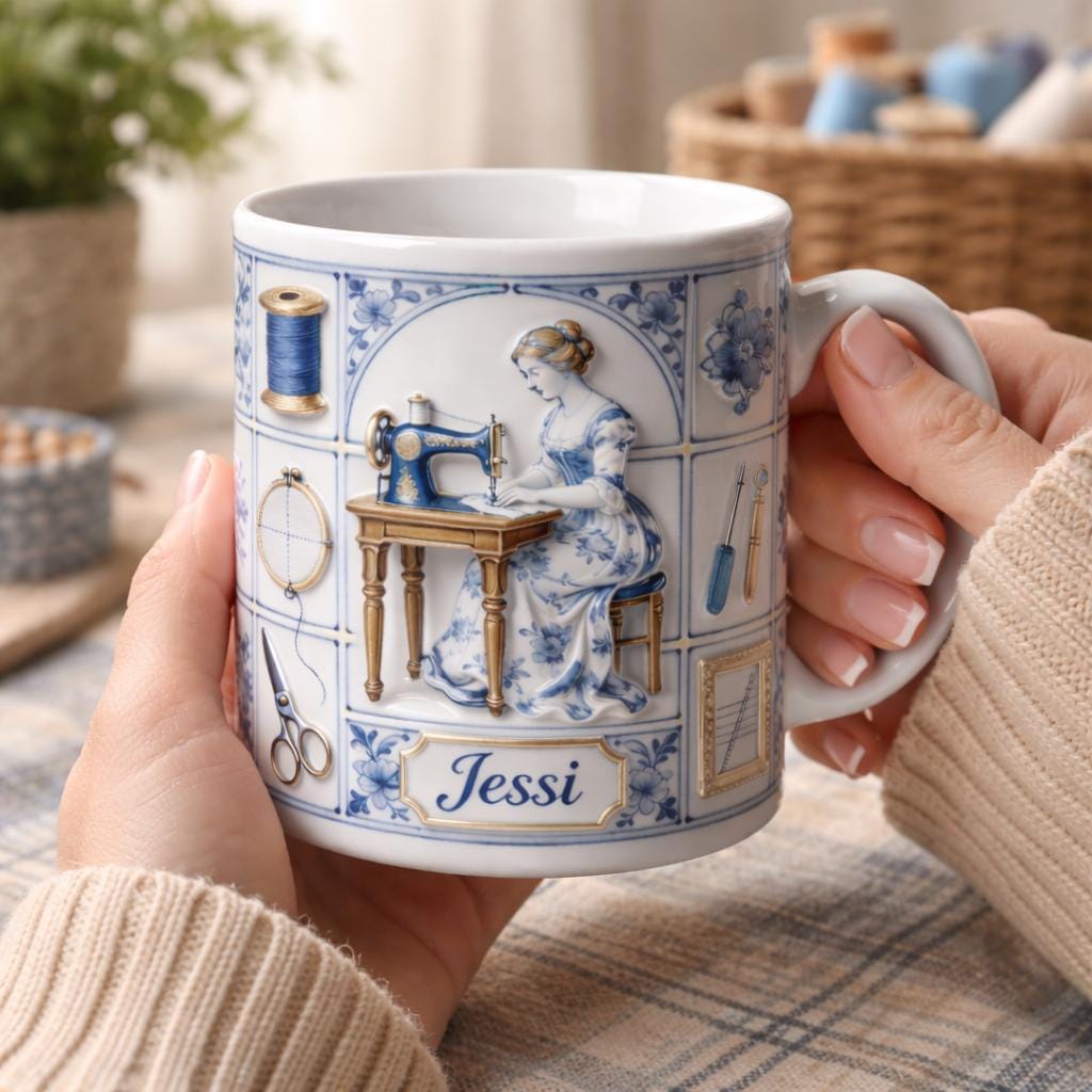 Personalized Sewing Mug, Custom Name Seamstress Coffee Cup, Quilter Gift, Vintage Sewing Machine Mug for Crafter