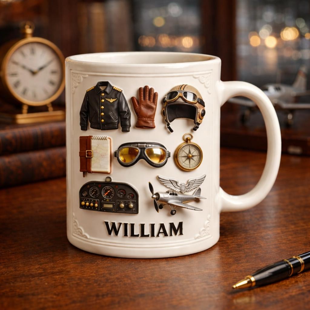 Personalized Pilot Mug, Custom Aviator Name Coffee Cup, Vintage Airplane Gift for Him