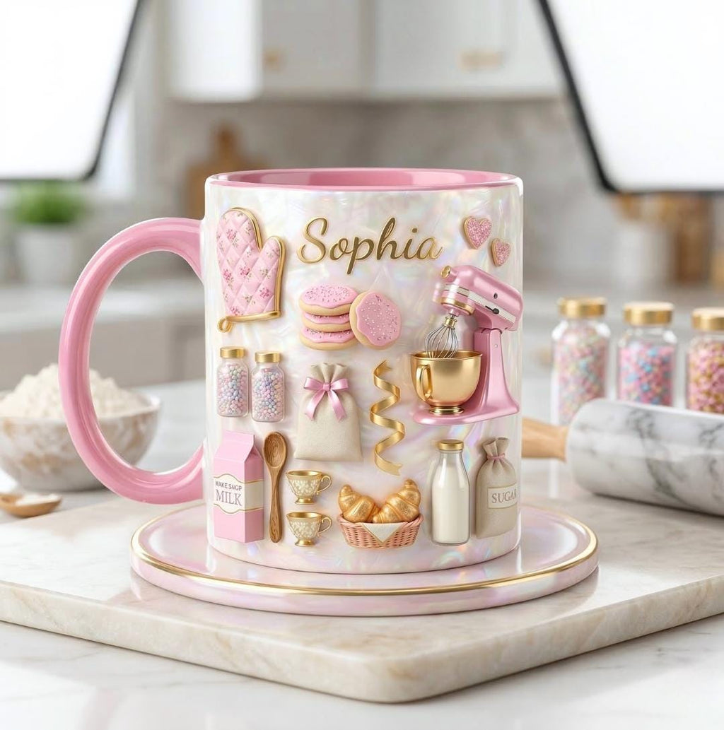 Custom Name Baking Accent Mug, Love Cakes Coffee Mug, Gift for Baker, Gift For Mother's Day, Gift For Baking Mom, Bakery 2D Flat Ceramic Cup
