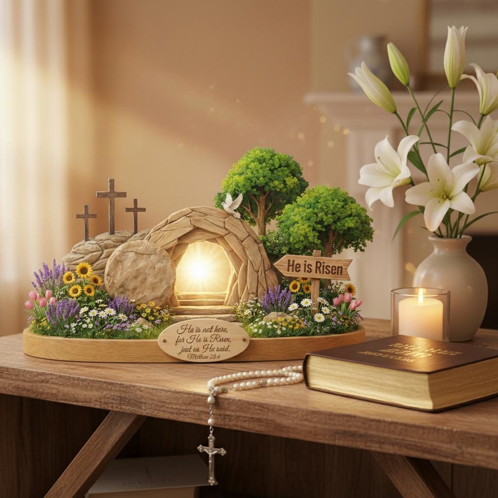 2D Flat He Is Risen Wooden Block Easter Scene, Empty Tomb Decor with Scripture, Christian Resurrection Table Display, Matthew 28:6 Sign