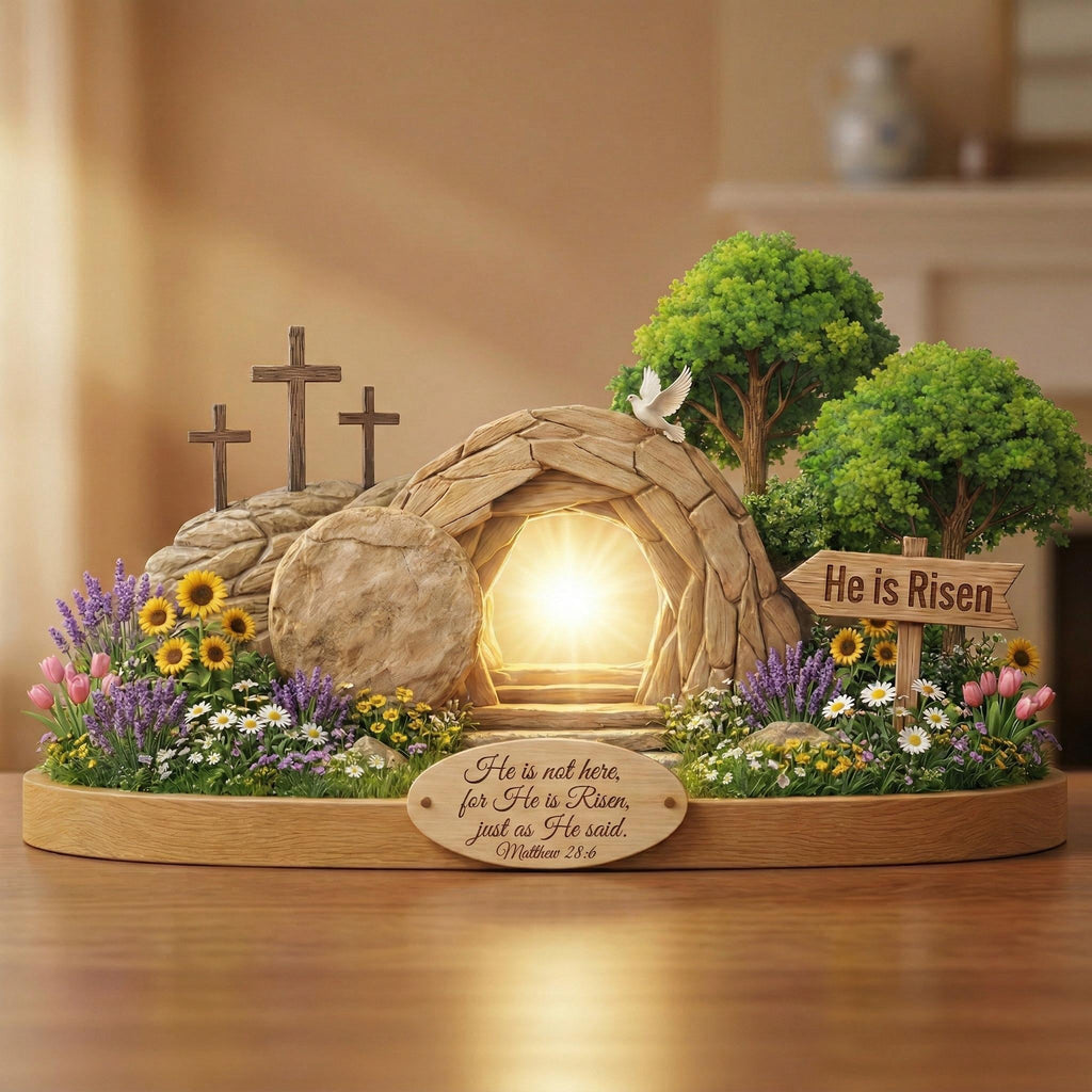2D Flat He Is Risen Wooden Block Easter Scene, Empty Tomb Decor with Scripture, Christian Resurrection Table Display, Matthew 28:6 Sign