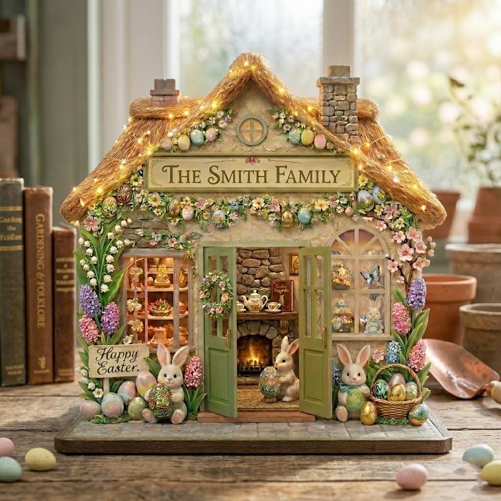Personalized Easter Cottage Wooden Sign, Custom Family Name Home Decor, Bunny Easter Sign, Wooden Block Decoration, Rustic Easter Day Block
