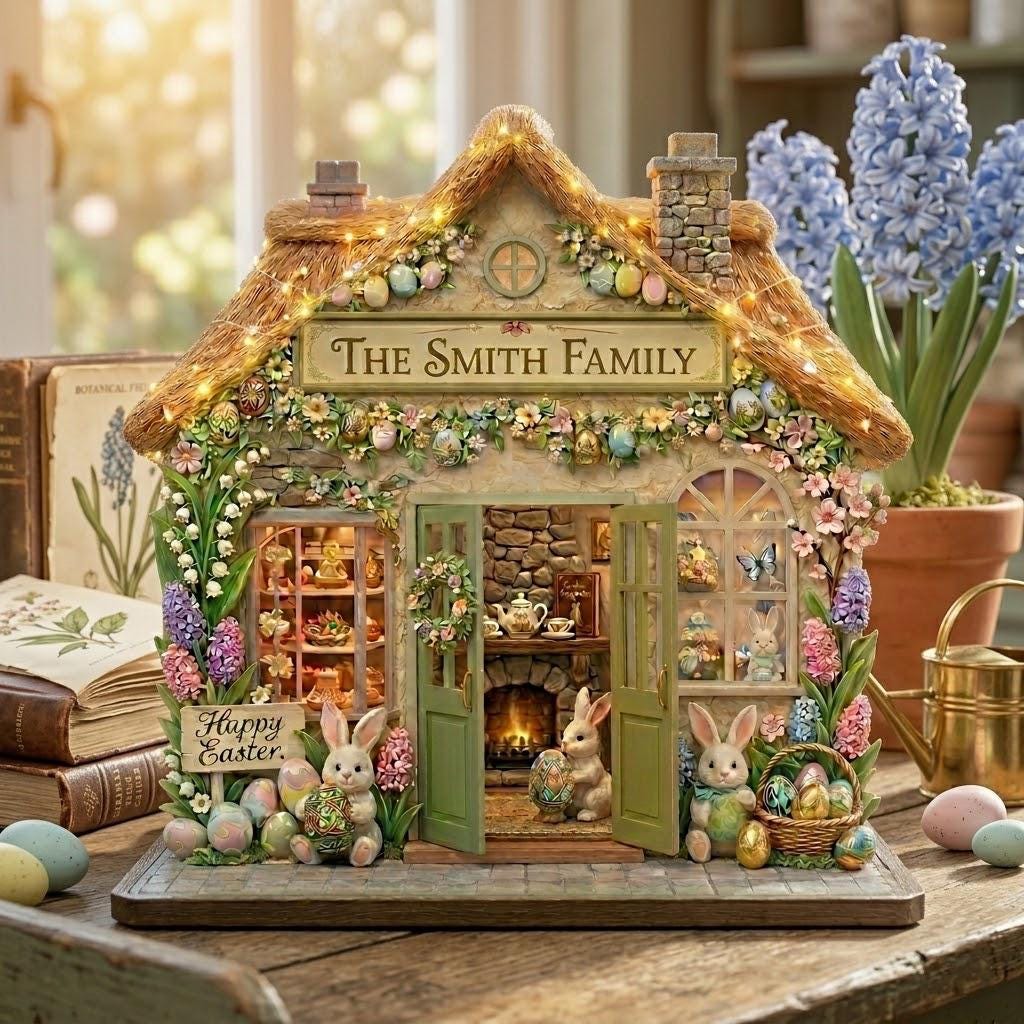 Personalized Easter Cottage Wooden Sign, Custom Family Name Home Decor, Bunny Easter Sign, Wooden Block Decoration, Rustic Easter Day Block