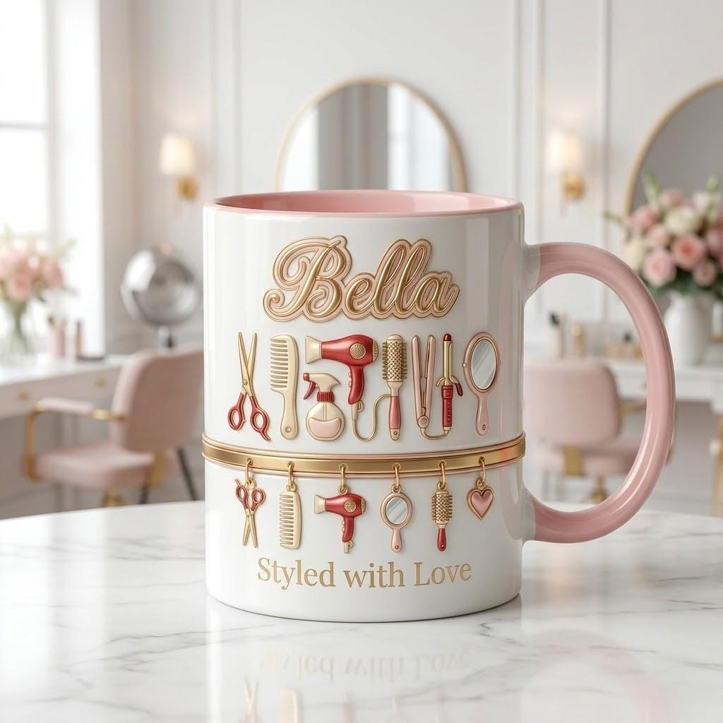 Personalized Hair Stylist Mug, Custom Name Ceramic Cup, Beauty Salon Coffee Mug