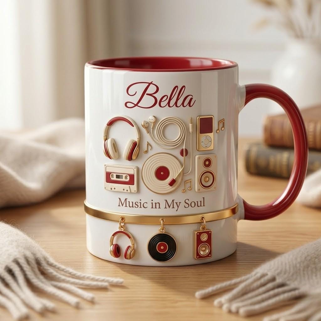 Personalized Music Lover Mug, Custom Name Ceramic Cup, Retro Headphones Vinyl Coffee Mug