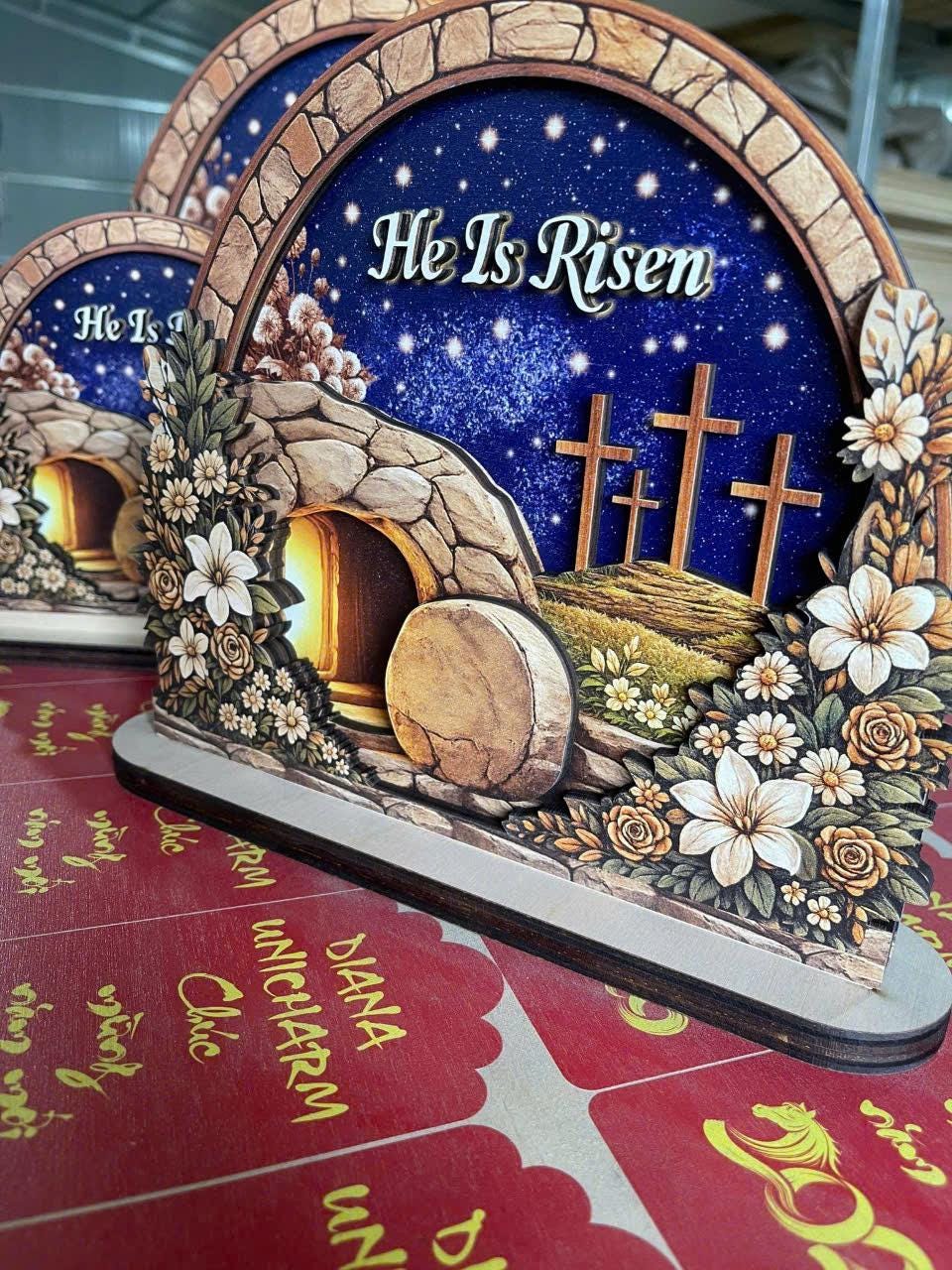 Easter Wooden Block, Empty Tomb Resurrection Scene, He Is Risen Christian Decor, Meaningful Church Gift for Pastor Appreciation and Ministry