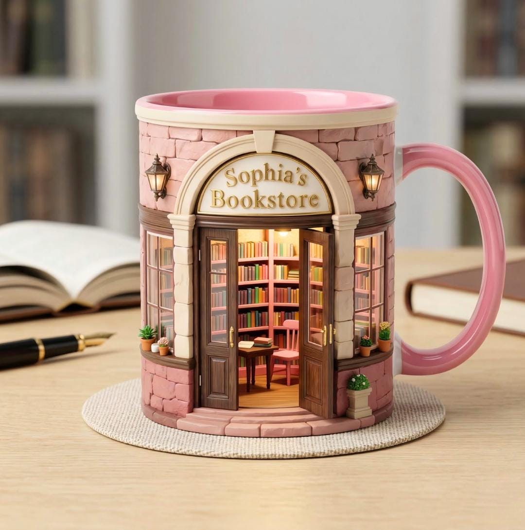 Personalized Bookstore Accent Mug, Vintage Bookshelf Library Pottery Coffee Cup, Book Lover Gift, Bookish Gifts For Reader