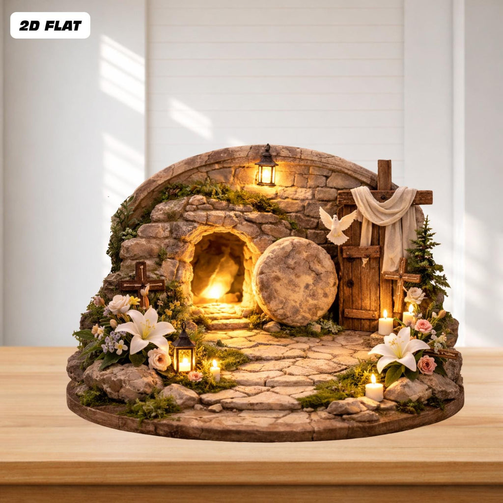Easter Resurrection Tomb 2D FLAT Wooden Block, Christian Tabletop Decor, Empty Grave Scene, Religious Home Easter Decor, Resurrection Sign