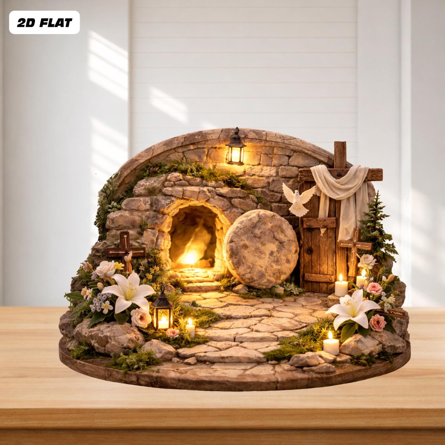Easter Resurrection Tomb 2D FLAT Wooden Block, Christian Tabletop Decor, Empty Grave Scene, Religious Home Easter Decor, Resurrection Sign