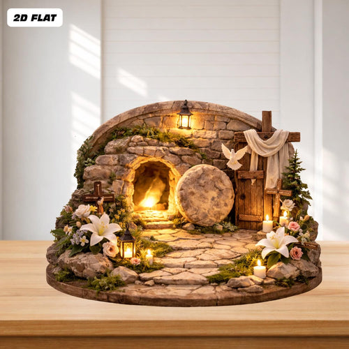 Easter Resurrection Tomb 2D FLAT Wooden Block, Christian Tabletop Decor, Empty Grave Scene, Religious Home Easter Decor, Resurrection Sign