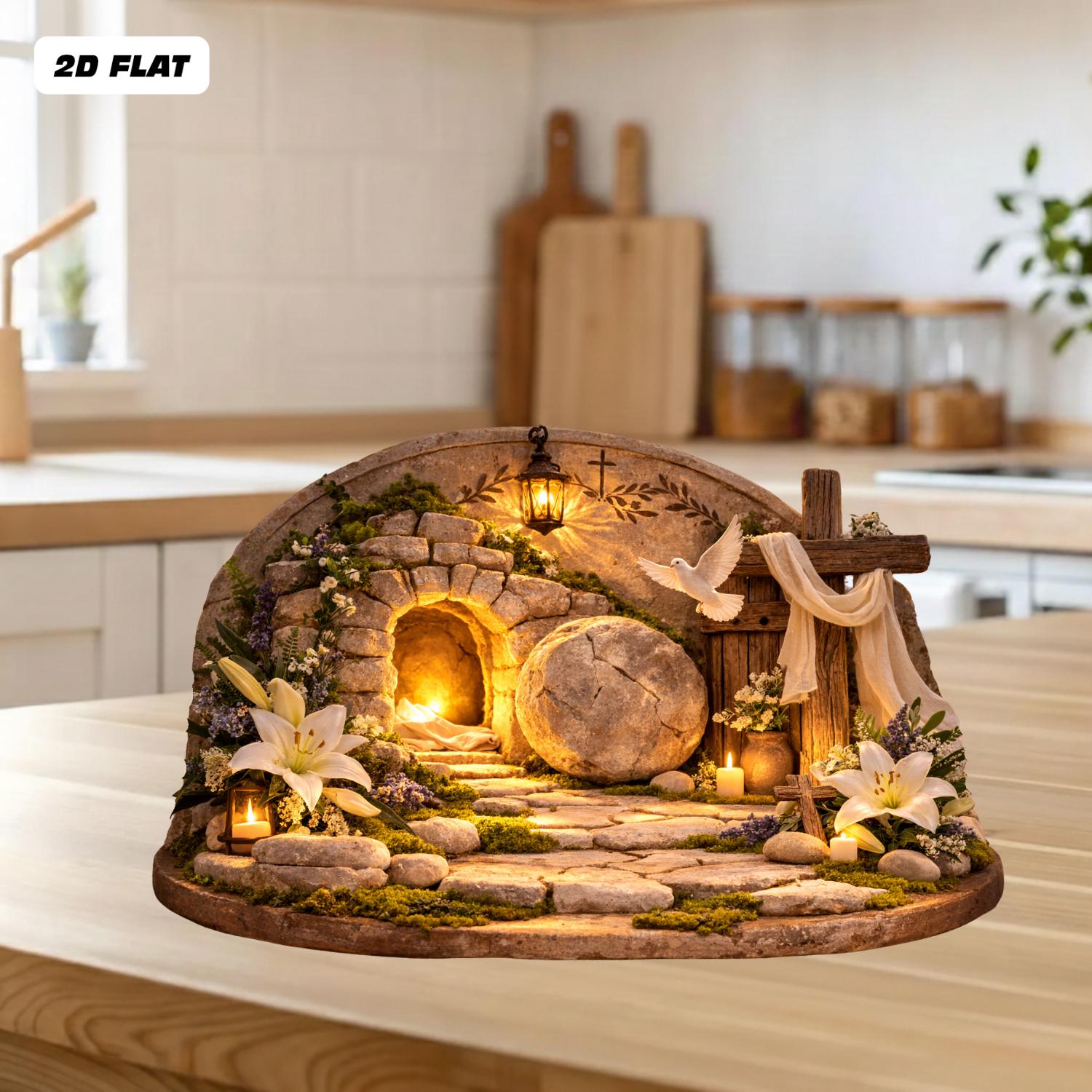 Easter Resurrection Tomb 2D FLAT Wooden Block, Christian Tabletop Decor, Empty Grave Scene, Religious Home Easter Decor, Resurrection Sign