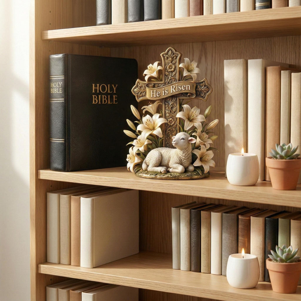 He Is Risen Easter Cross Statue with Lamb & Lily flat 2D Wooden Block, Resurrection Scene Christian Figurine, Easter Home Decor,Pastor Gift.